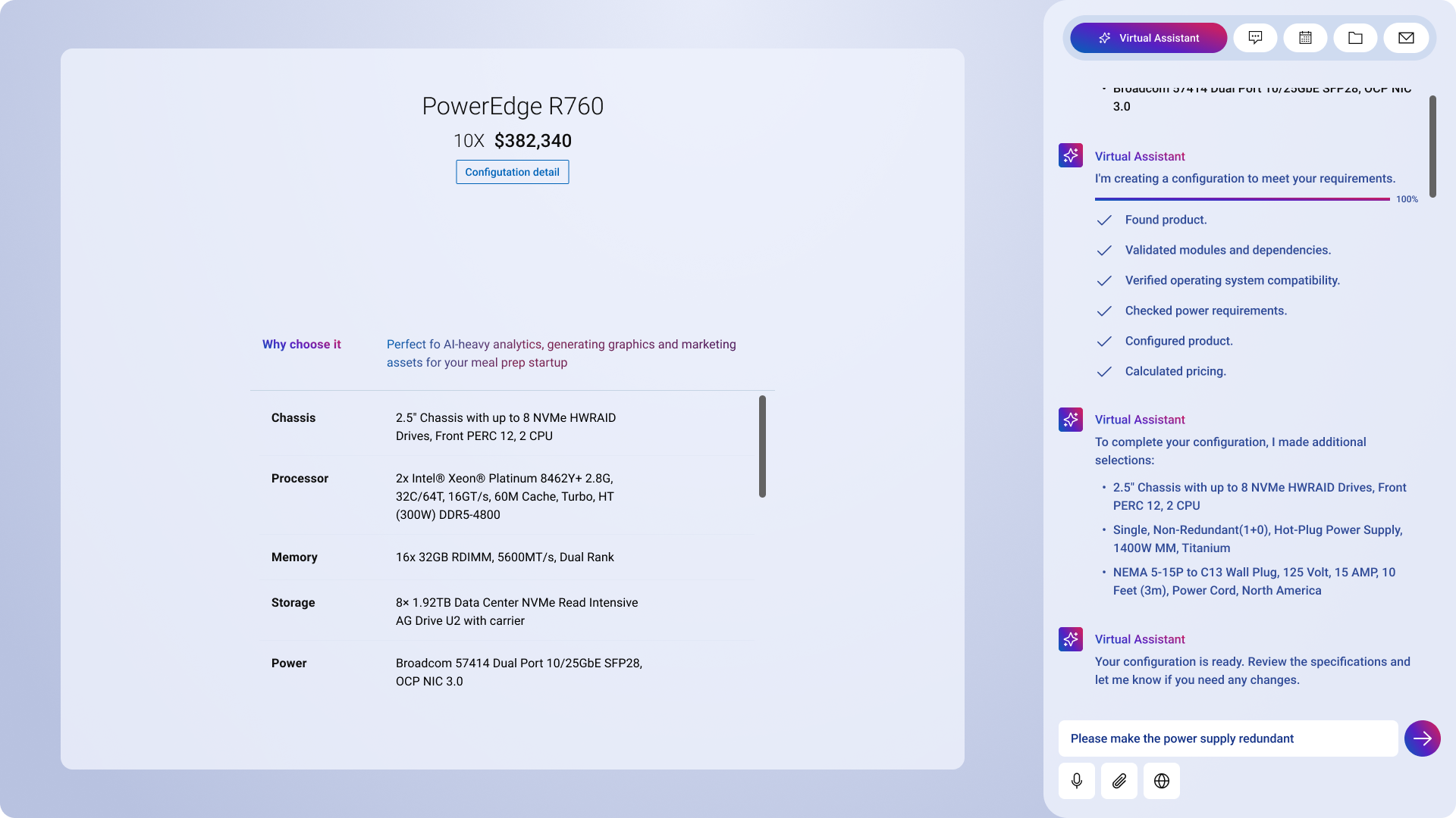AI-guided CPQ interface: a PowerEdge R760 configuration summary with chassis, processor, memory, storage, and power specs beside a Virtual Assistant panel that found the product, validated modules, verified OS compatibility, and calculated pricing.