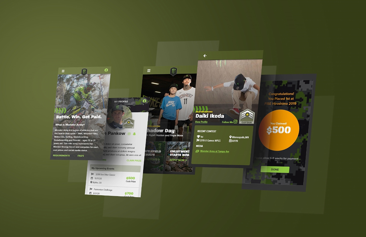 A collage of redesigned Monster Army screens on a Monster-green backdrop.