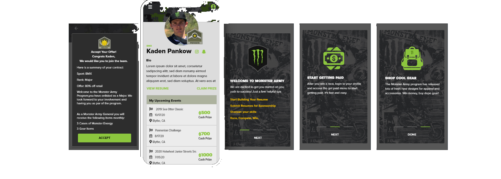 Athlete profile and a card-based welcome sequence: Welcome, Start Getting Paid, Shop Cool Gear.