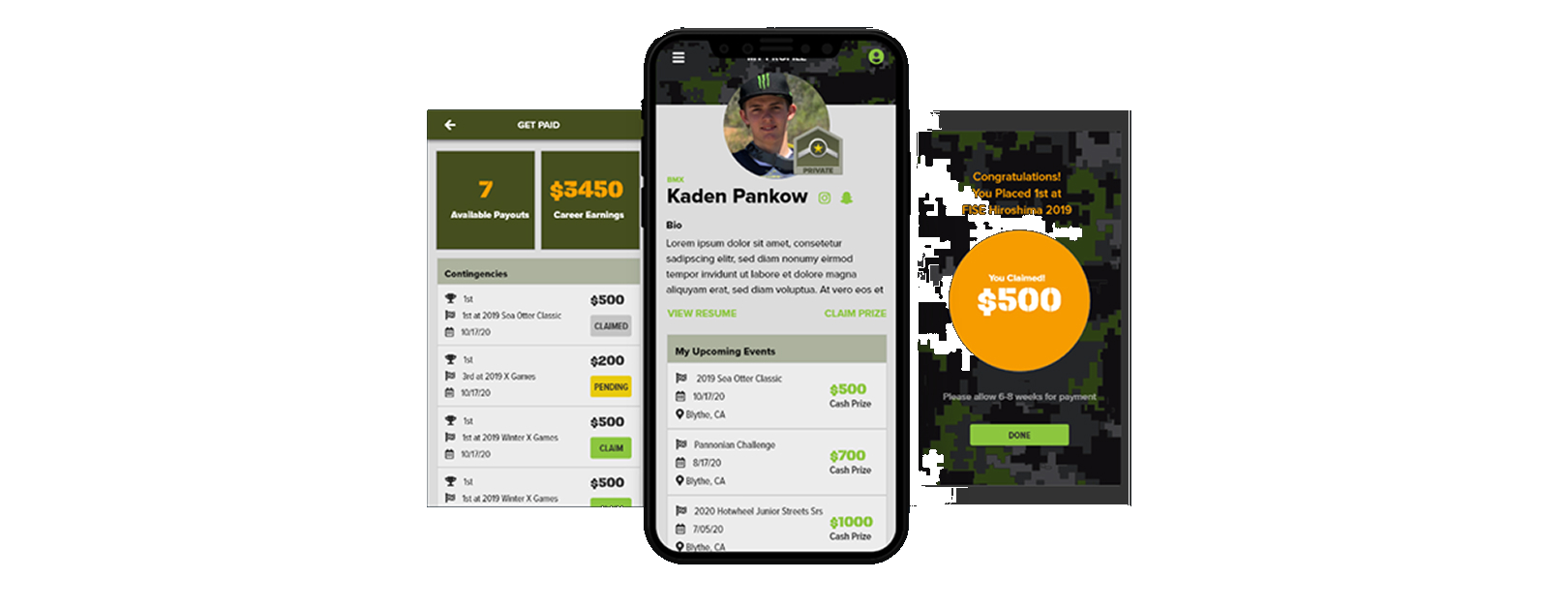 Get Paid earnings screen, athlete profile, and a $500 prize claim confirmation.