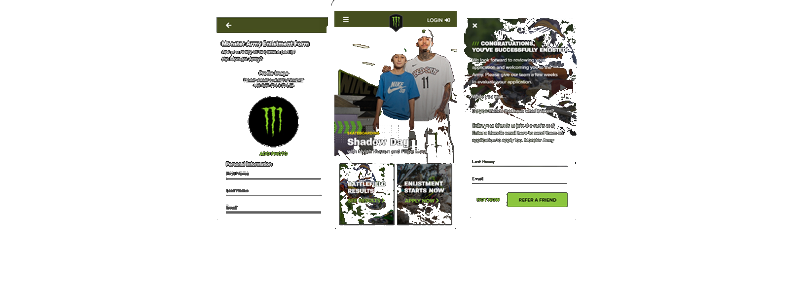 Enlistment form, athlete spotlight with feed CTAs, and a referral confirmation screen.
