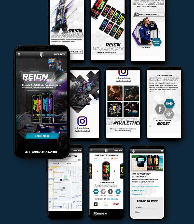 Responsive mobile mockups of the Reign experience — home, store locator, flavor detail, Instagram feed, Zero Sugar story, and the Win a Workout sweepstakes.