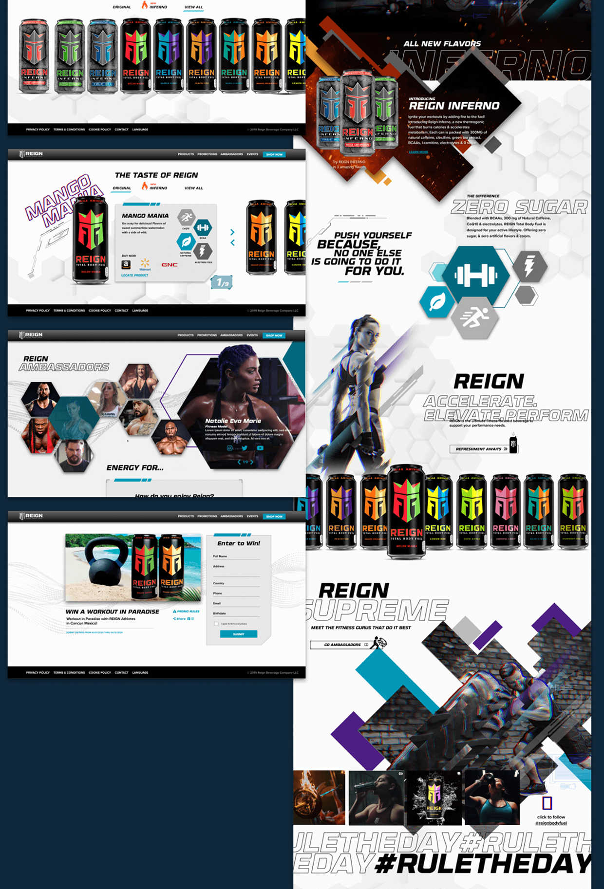 Desktop flagship pages stacked into a montage — the Inferno launch, Zero Sugar story, ambassadors, Mango Mania flavor detail, and the #RULETHEDAY campaign.